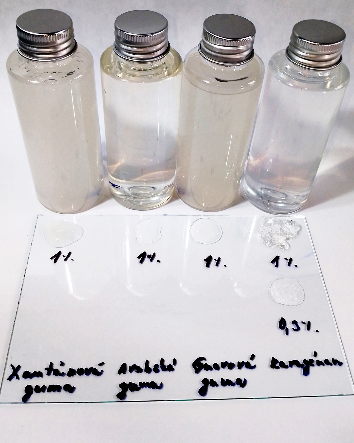 Comparación de gomas naturales sobre una placa acrílica con gotas de gomas y anotaciones sobre fondo blanco.